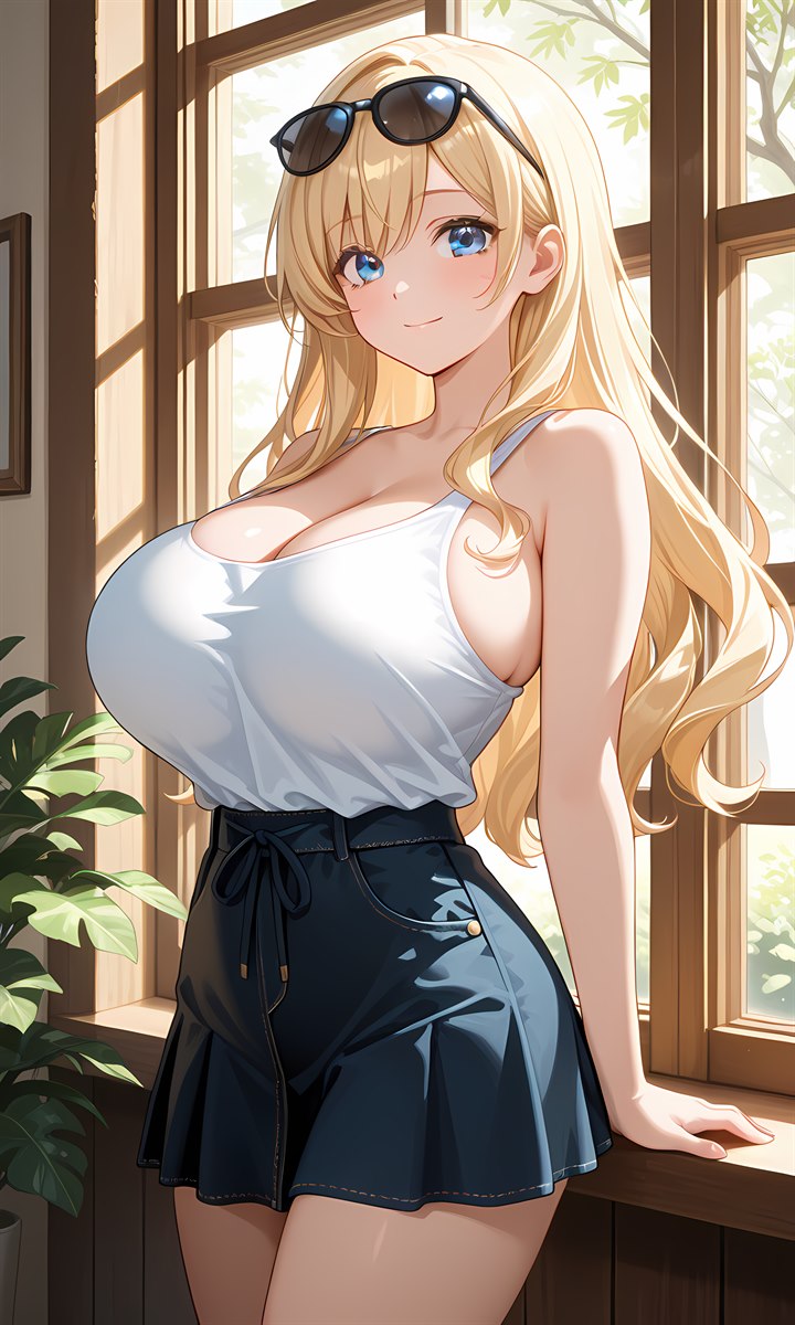 窓辺の朝。白いタンクトップ姿のなつみ