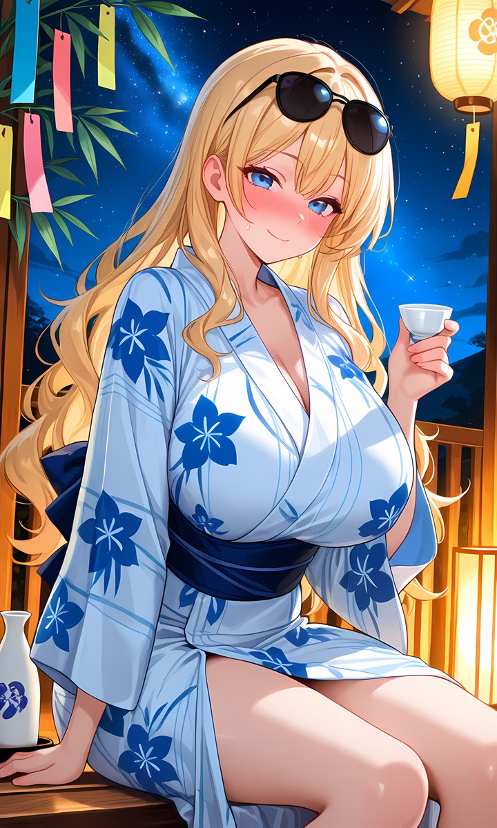 七夕の夜、浴衣で日本酒を楽しむなつみ