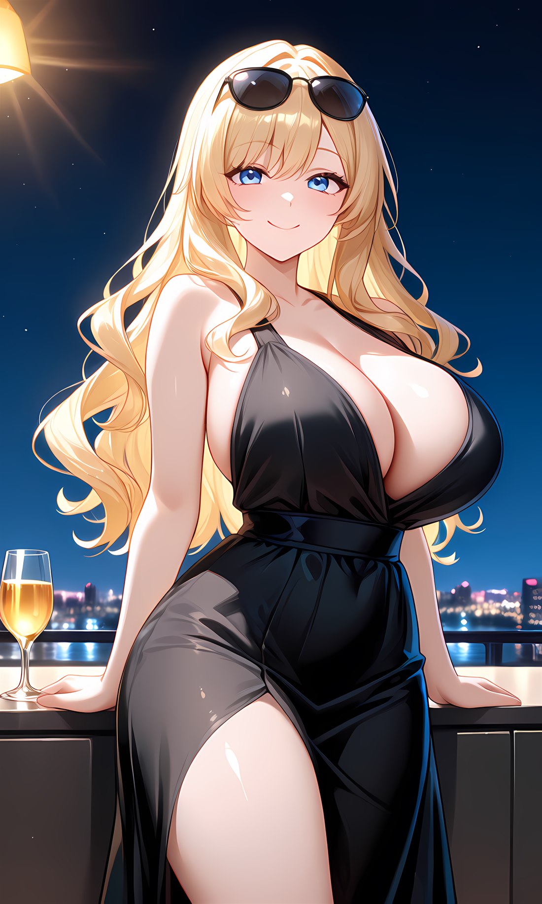 夜景をバックにしたなつみ。黒いドレスと頭のサングラスがトレードマーク